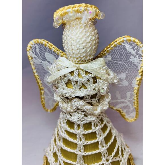 Vintage Crochet Angel Ornament Tree Topper Christmas Gold Handmade Lace 6" Decor - Picture 8 of 10